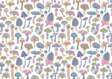 Colorful flowers and mushrooms seamless pattern, retro 60s, 70s hippie style background. Vintage psychedelic textile, fabric, wrapping, wallpaper. Vector repeating magic floral illustration.
