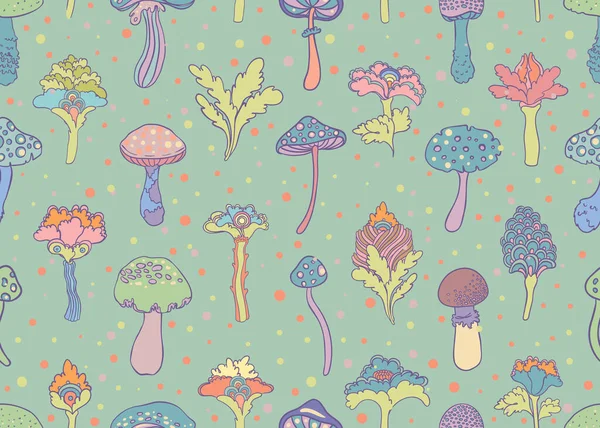 Colorful Flowers Mushrooms Seamless Pattern Retro 60S 70S Hippie Style — Stock Vector