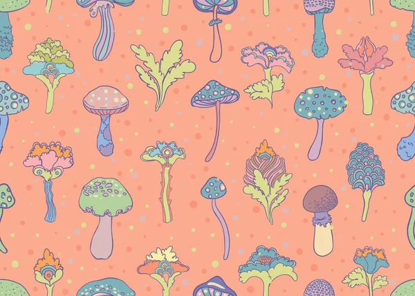 Colorful Flowers Mushrooms Seamless Pattern Retro 60S 70S Hippie Style — Stock vektor
