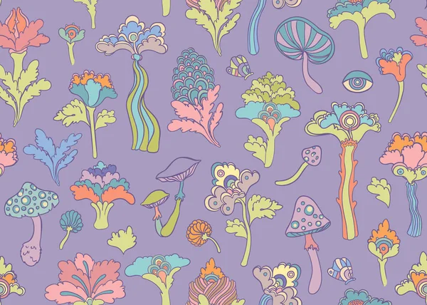 Colorful Flowers Mushrooms Seamless Pattern Retro 60S 70S Hippie Style — Stock vektor
