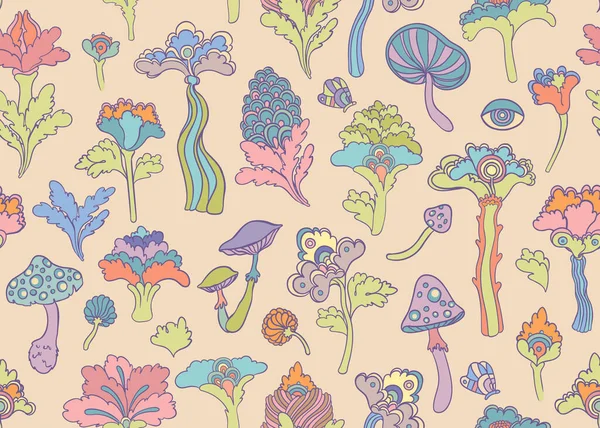 Colorful Flowers Mushrooms Seamless Pattern Retro 60S 70S Hippie Style — Image vectorielle