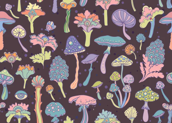 Colorful Flowers Mushrooms Seamless Pattern Retro 60S 70S Hippie Style — Image vectorielle