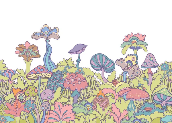 Colorful Flowers Mushrooms Seamless Pattern Retro 60S 70S Hippie Style — Vector de stock