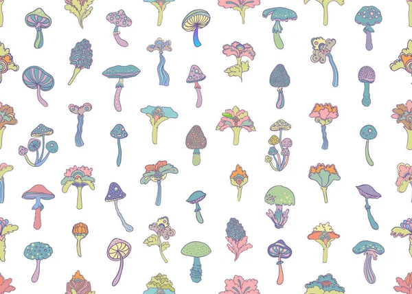 Colorful Flowers Mushrooms Seamless Pattern Retro 60S 70S Hippie Style —  Vetores de Stock