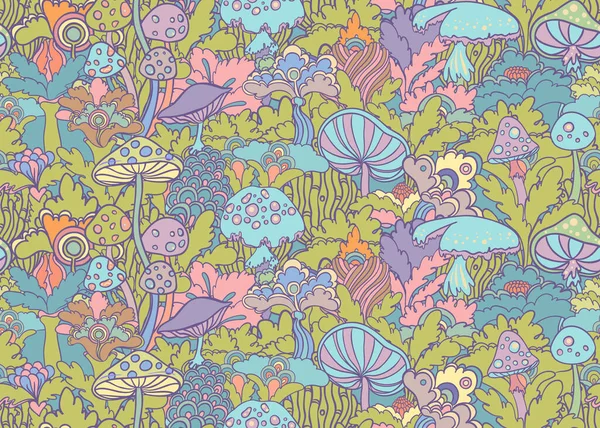 Colorful Flowers Mushrooms Seamless Pattern Retro 60S 70S Hippie Style — Vettoriale Stock