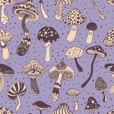 Sihirli mantarlar. Psikedelik halüsinasyon. Canlı vektör çizimi. 60 'ların renkli arka planı, hippi ve bohem dokusu. Değişken duvar kağıdı.