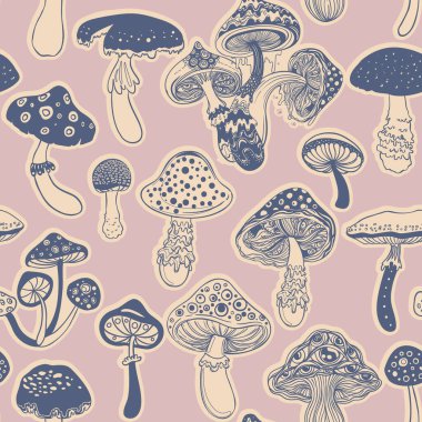 Sihirli mantarlar. Psikedelik halüsinasyon. Canlı vektör çizimi. 60 'ların renkli arka planı, hippi ve bohem dokusu. Değişken duvar kağıdı.