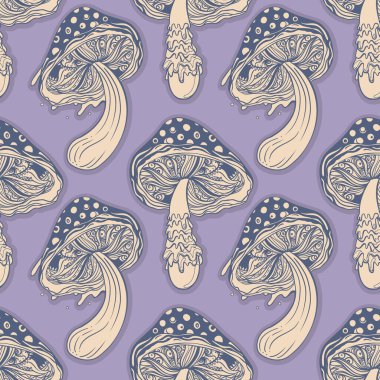 Sihirli mantarlar. Psikedelik halüsinasyon. Canlı vektör çizimi. 60 'ların renkli arka planı, hippi ve bohem dokusu. Değişken duvar kağıdı.