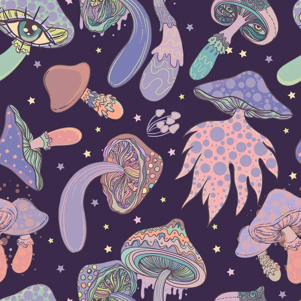 神奇的蘑菇迷幻的幻觉 生动的矢量图解 六十年代嬉皮士色彩艳丽的背景嬉皮士和Boho纹理 小壁纸 — 图库矢量图片