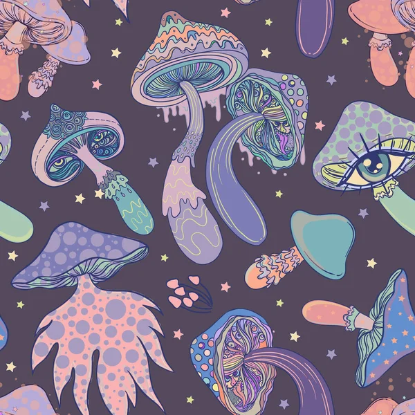 Champignons Magiques Hallucination Psychédélique Illustration Vectorielle Vibrante Fond Coloré Hippie — Image vectorielle