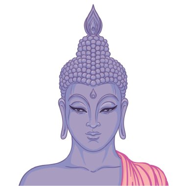 Modern Buddha listening to the music in headphones. Vector illustration. Vintage psychedelic composition. Buddhism, trance music. Tattoo, yoga, spirituality.