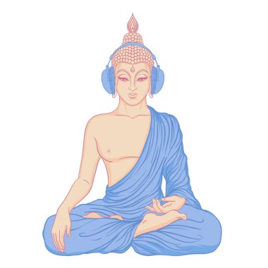 Modern Buddha listening to the music in headphones. Vector illustration. Vintage psychedelic composition. Buddhism, trance music. Tattoo, yoga, spirituality.