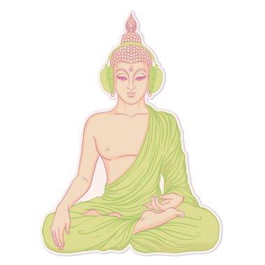 Modern Buddha listening to the music in headphones. Vector illustration. Vintage psychedelic composition. Buddhism, trance music. Tattoo, yoga, spirituality.