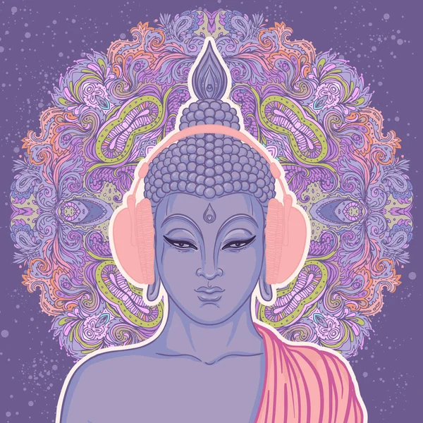 Современный Будда Слушает Музыку Наушниках Векторная Иллюстрация Винтажный Психоделический Состав — стоковый вектор