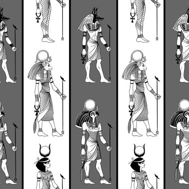 Ancient Egypt. Vintage black and white seamless pattern with Egyptian gods and symbols. Retro hand drawn vector repeating illustration. Ra, Anubis, Sekhtmet, Cleopatra, pyramid.
