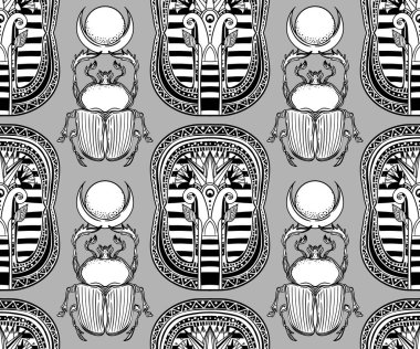 Ancient Egypt. Vintage black and white seamless pattern with Egyptian gods and symbols. Retro hand drawn vector repeating illustration. Ra, Anubis, Sekhtmet, Cleopatra, pyramid. clipart
