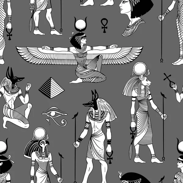Ancient Egypt Vintage Black White Seamless Pattern Egyptian Gods Symbols — Stockvector