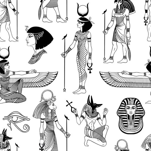 Ancient Egypt Vintage Black White Seamless Pattern Egyptian Gods Symbols — Vettoriale Stock