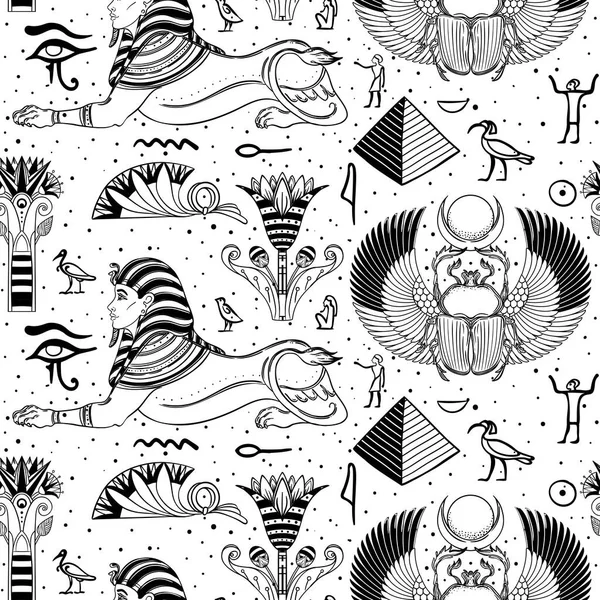Ancient Egypt Vintage Black White Seamless Pattern Egyptian Gods Symbols — Vettoriale Stock