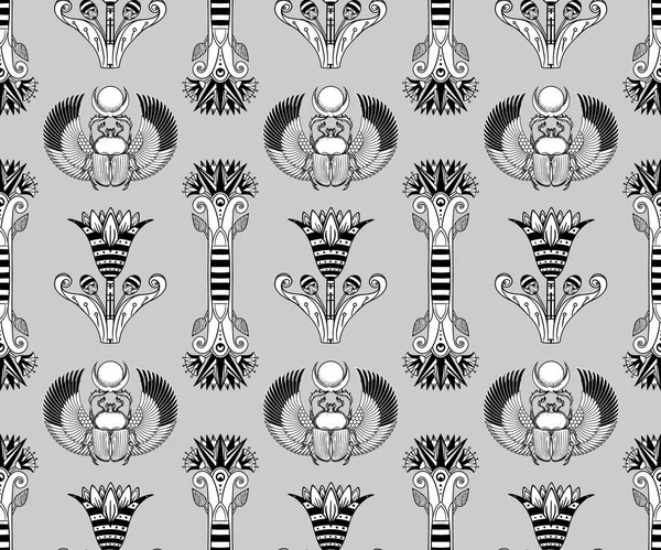 Ancient Egypt Vintage Black White Seamless Pattern Egyptian Gods Symbols — Wektor stockowy