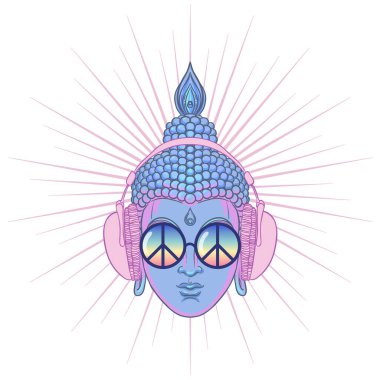 Barış ve sevgi. Gökkuşağı gözlüklü renkli Buda kulaklıkla müzik dinliyor. Vektör çizimi. Güneş gözlüklü hippi barış işareti. Psikedelik konsept. Budizm, trans müzik. Esrarlı sanat
