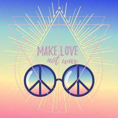 Make love not war. Rainbow hippie sun glasses with peace sign. Vector illustration over sacred geometry background. Modern hipster insignia. Psychedelic concept. Buddhism, trance music. Esoteric art.