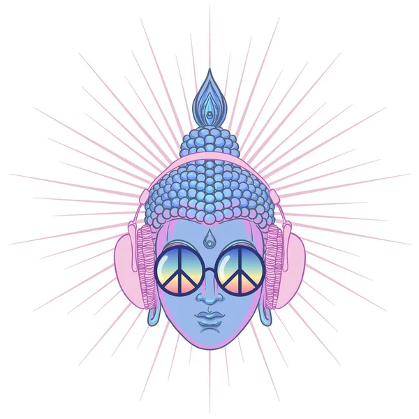 Barış ve sevgi. Gökkuşağı gözlüklü renkli Buda kulaklıkla müzik dinliyor. Vektör çizimi. Güneş gözlüklü hippi barış işareti. Psikedelik konsept. Budizm, trans müzik. Esrarlı sanat