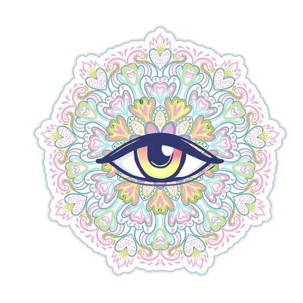 酸性カラーですべての見る目と神聖幾何学のシンボル 神秘的な錬金術 神秘的な概念 インディーズ音楽カバー シャツのデザイン印刷 ポスター チラシ 占星術 — ストックベクタ