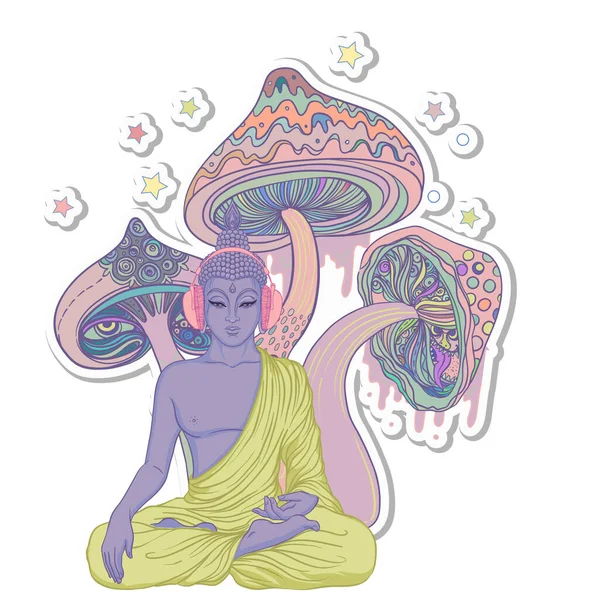 Lord Buddha Colorful Neon Background Vector Illustration Psychedelic Mushroom Composition — 图库矢量图片