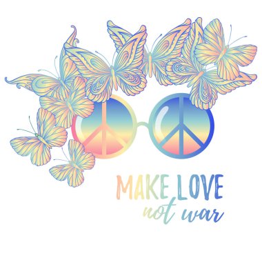 Hippie fashion sunglasses with peace sign. Vector illustration of Flower Child oisolated on white background. Boho chic style art. Fantasy, spirituality, occultism, tattoo art. Old colors.