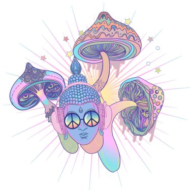 Lord Buddha over colorful neon background. Vector illustration. Psychedelic mushroom composition. Indian, Buddhism, Spiritual Tattoo, yoga, spirituality. Sticker, patch, 60s hippie art.