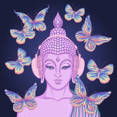 Groove. Modern Buda kelebekler üzerinde beyaz izole çevrili kulaklık müzik dinlemek. Vektör çizim. Asit psychedelic kavramı. Budizm, trance müzik. Dövme, yoga, manevi.