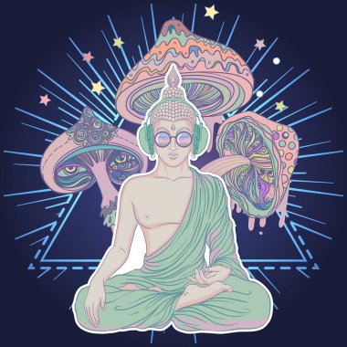 Lord Buddha over colorful neon background. Vector illustration. Psychedelic mushroom composition. Indian, Buddhism, Spiritual Tattoo, yoga, spirituality. Sticker, patch, 60s hippie art.