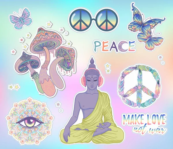 Psychedelische Sticker Set Trippy Pilze Peace Zeichen Säure Buddha Schmetterlinge — Stockvektor