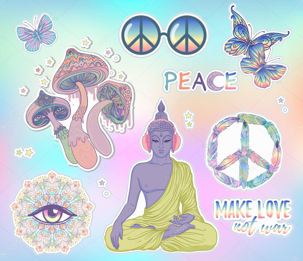 Psychedelic sticker set: trippy mushrooms, peace sign acid Buddha, butterflies, all-seeing eye mandala. Patch badges with stoned trippy drug elements in cartoon comic style. Pop art patches, pins.