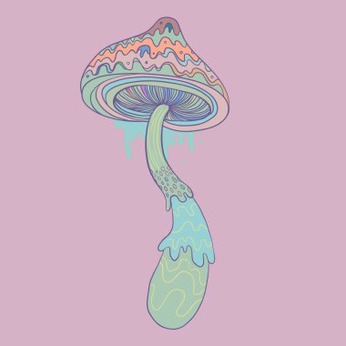 Magic mushroom. Psychedelic hallucination. Vector illustration in pastel colors isolated. 60s trippy hippie art for sticker, patch or poster design.