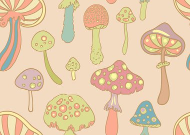 Sihirli mantarlar. Psikedelik halüsinasyon. Canlı vektör çizimi. 60 'ların renkli arka planı, hippi ve bohem dokusu. Değişken duvar kağıdı.