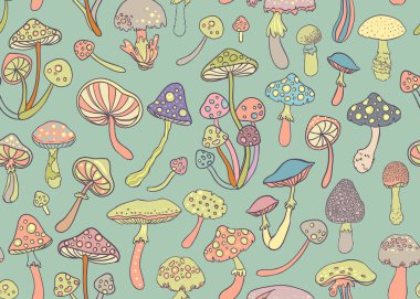 Sihirli mantarlar. Psikedelik halüsinasyon. Canlı vektör çizimi. 60 'ların renkli arka planı, hippi ve bohem dokusu. Değişken duvar kağıdı.