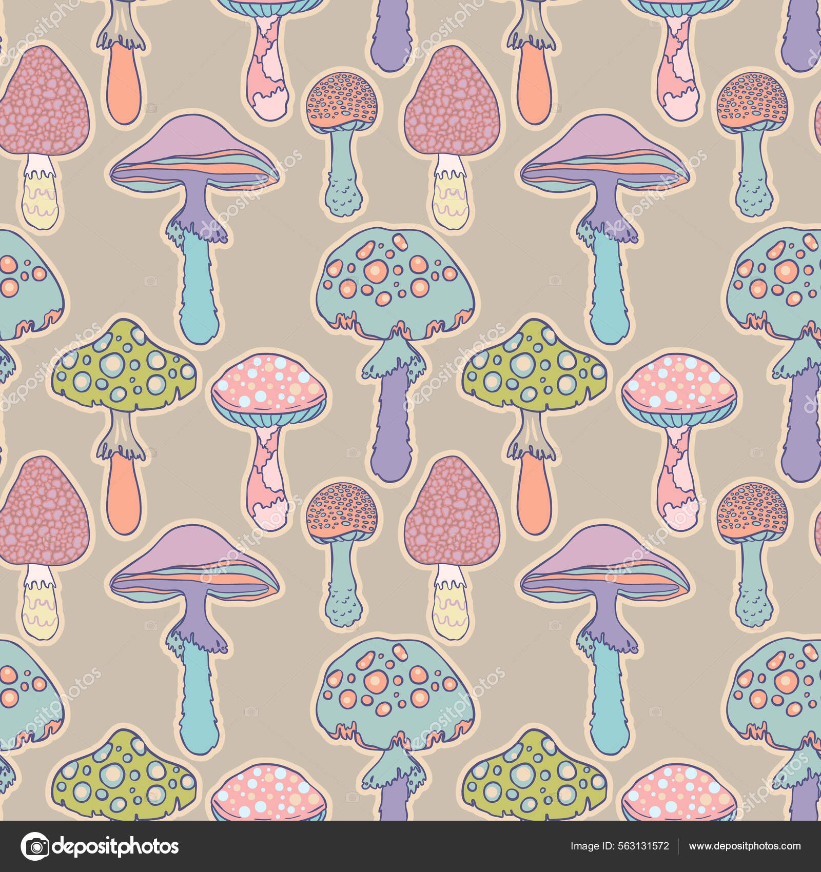 魔法のキノコ 幻覚だ 活気のあるベクターイラスト 60代ヒッピーカラフルな背景 ヒッピーとBohoテクスチャ トリッピー壁紙 ストックベクター  ©vgorbash 563131572, image size:1600x1700