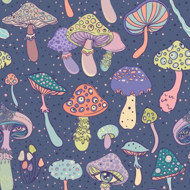 Sihirli mantarlar. Psikedelik halüsinasyon. Canlı vektör çizimi. 60 'ların renkli arka planı, hippi ve bohem dokusu. Değişken duvar kağıdı.