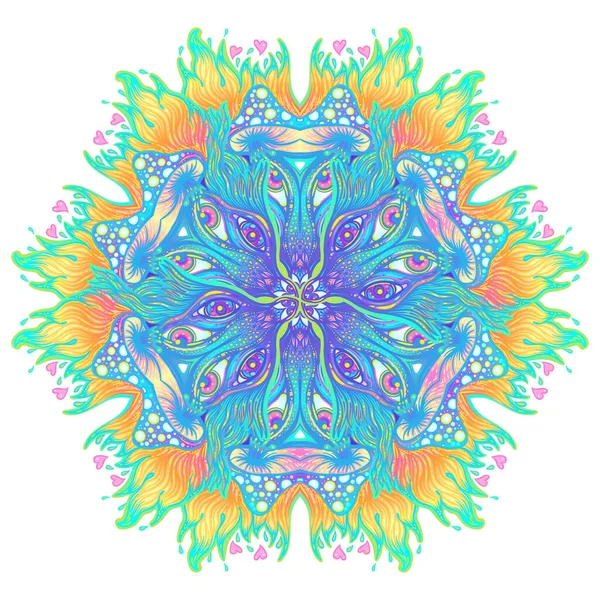 Zauberpilze Mandala Psychedelische Halluzination Lebendige Dreidimensionale Vektorillustration 60Er Jahre Hippie — Stockvektor