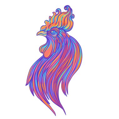Rooster, Chinese zodiac symbol of the year. Colorful vector illustration isolated on white. Zentangle inspired. Head of cock in red colors. Design for t-shirt print, greeting card, calendar.