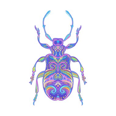 Ornate hand drawn bug in bright colors. Beetle vector illustration isolated on white background. Retro tattoo design, nature, astrology, alchemy, magic symbol.