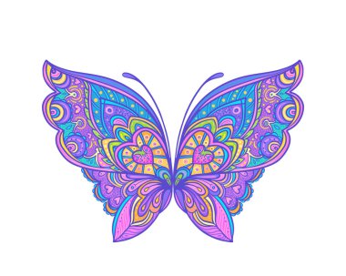 Ornate hand drawn butterfly in bright neon colors. Han drawing design for t-shirt print or tattoo flash. Isolated vector illustration.