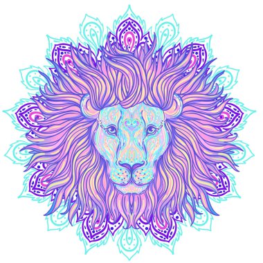 Patterned lion head over ornate mandala. African, Indian, totem, tattoo, sticker design. Design of t-shirt, bag, postcard and poster. Vector isolated illustration in bright colors. Zodiac sign Leo.