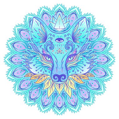 Cute fox face, racoon or wolf over mandala psychedelic ornate pattern. Character tattoo design for pet lovers, artwork for print, textiles. Detailed vector illustration. Totem animal.