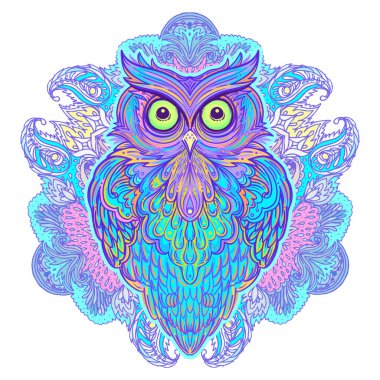 Sevimli soyut baykuş ve hayali süslemeler. Hayvan severler için karakter dövmesi tasarımı, baskı için sanat eseri, tekstil. Ayrıntılı vektör çizimi. Totem hayvanı..