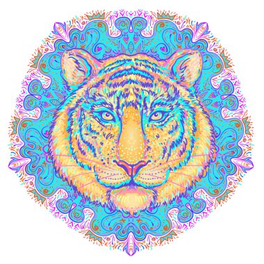 Patterned ornate tiger head over ornate mandala round pattern. African, Indian, totem, tattoo, sticker design. Design of t-shirt, postcard, poster. Vector isolated illustration. Symbol of new year.