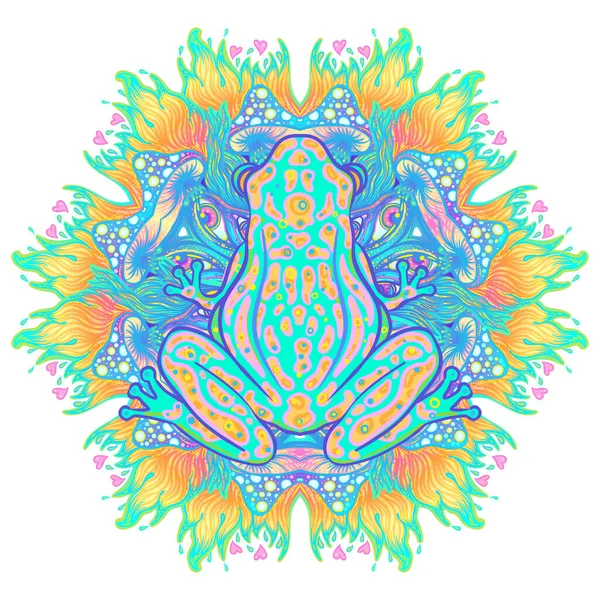 Green Frog Acid Colors Hippie Style Totem Animal Vector Illustration —  Vetores de Stock