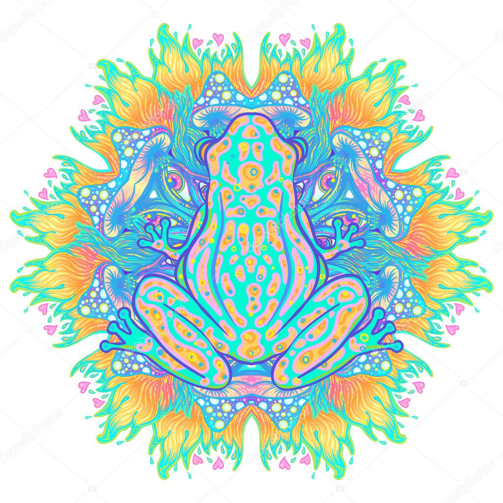 Green frog in acid colors. Hippie style. Totem animal. Vector illustration for sticker, poster, banner, web, t-shirt print, pin, bag print, badge. isolated artwork.
